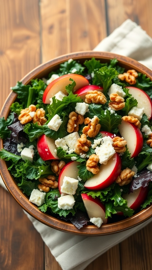 A colorful kale and apple salad with walnuts and feta cheese in a rustic bowl on a wooden table.